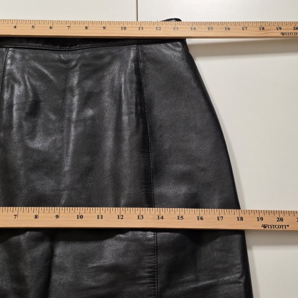 Liz Harbosin Black Leather Skirt 12 VTG Midi Lined Back Zip Slit Canada Bossy - Picture 5 of 16